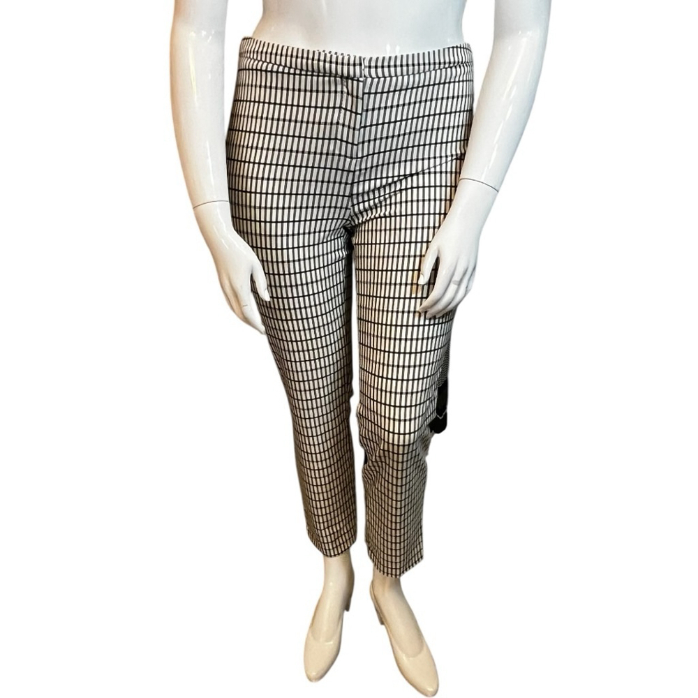 Maison Cinqcent Black/Cream Plaid Stretch Ankle Pants, US 10